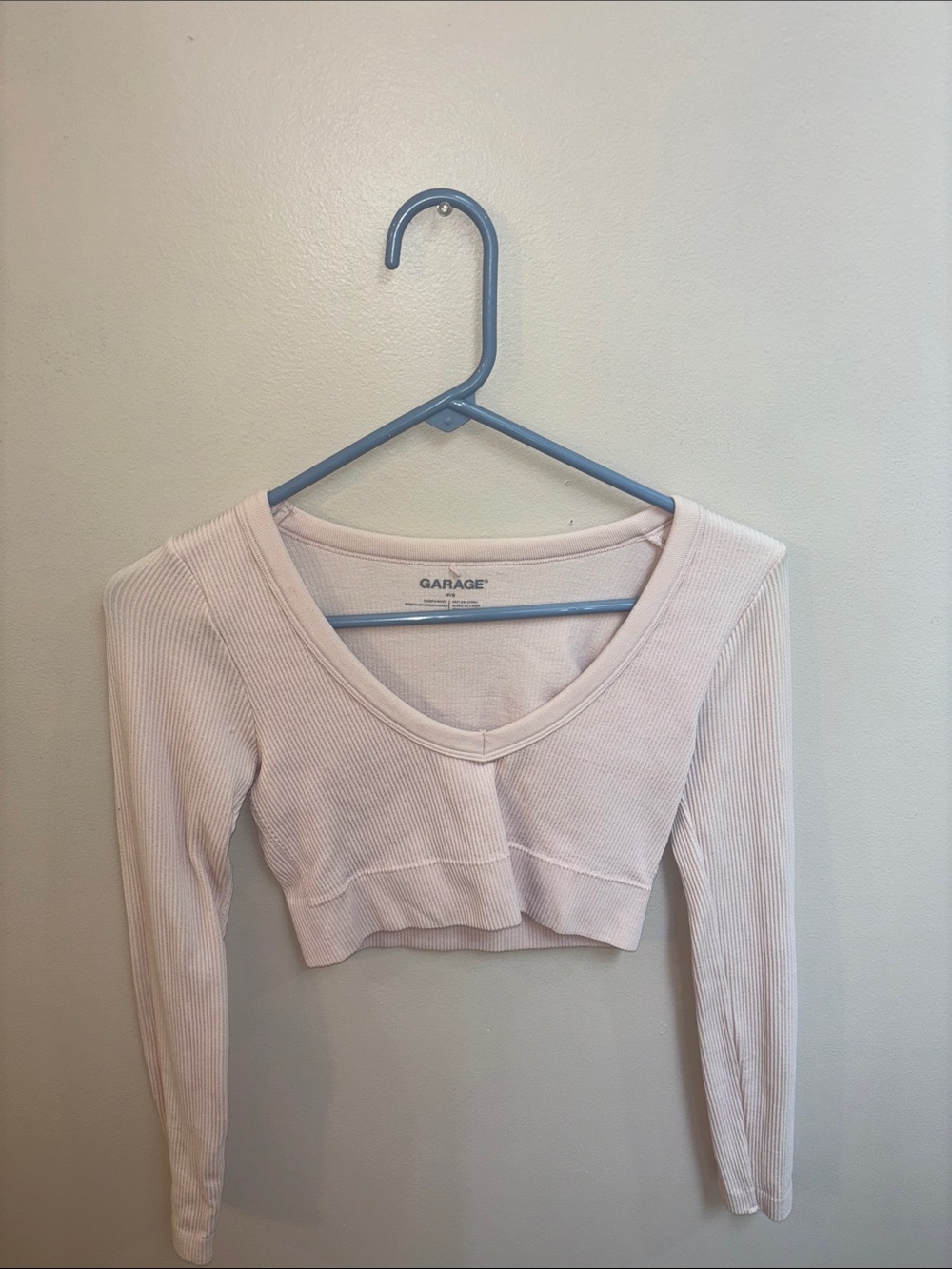 Garage Pale Pink Ribbed V-Neck Long Sleeve Crop Top